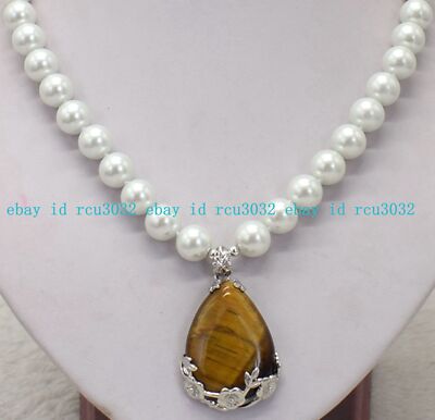 8mm Round White South Sea Shell Pearl Yellow Tiger Eye Pendant Necklace  16-28''