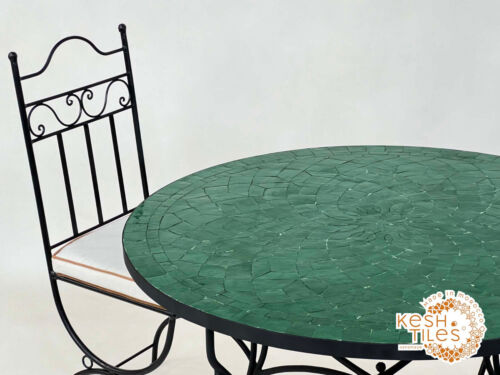 43INCH ROUND MOSAIC TABLE, Moroccan Matte Green Tiles, Handmade Flower Design - Picture 5 of 10