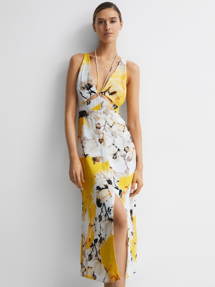 REISS PETITE KASIA FITTED FLORAL PRINT MIDI DRESS IN YELLOW/MULTI UK SIZE 14