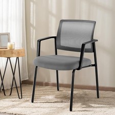 Grey Stackable Arm Chairs W/ Mesh Back  Upholstered Fabric Sturdy Metal Frame
