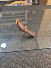 Primitive Hand Carved 4" Brown Wooden Bird Sculpture Figure Metal Wire Inlay