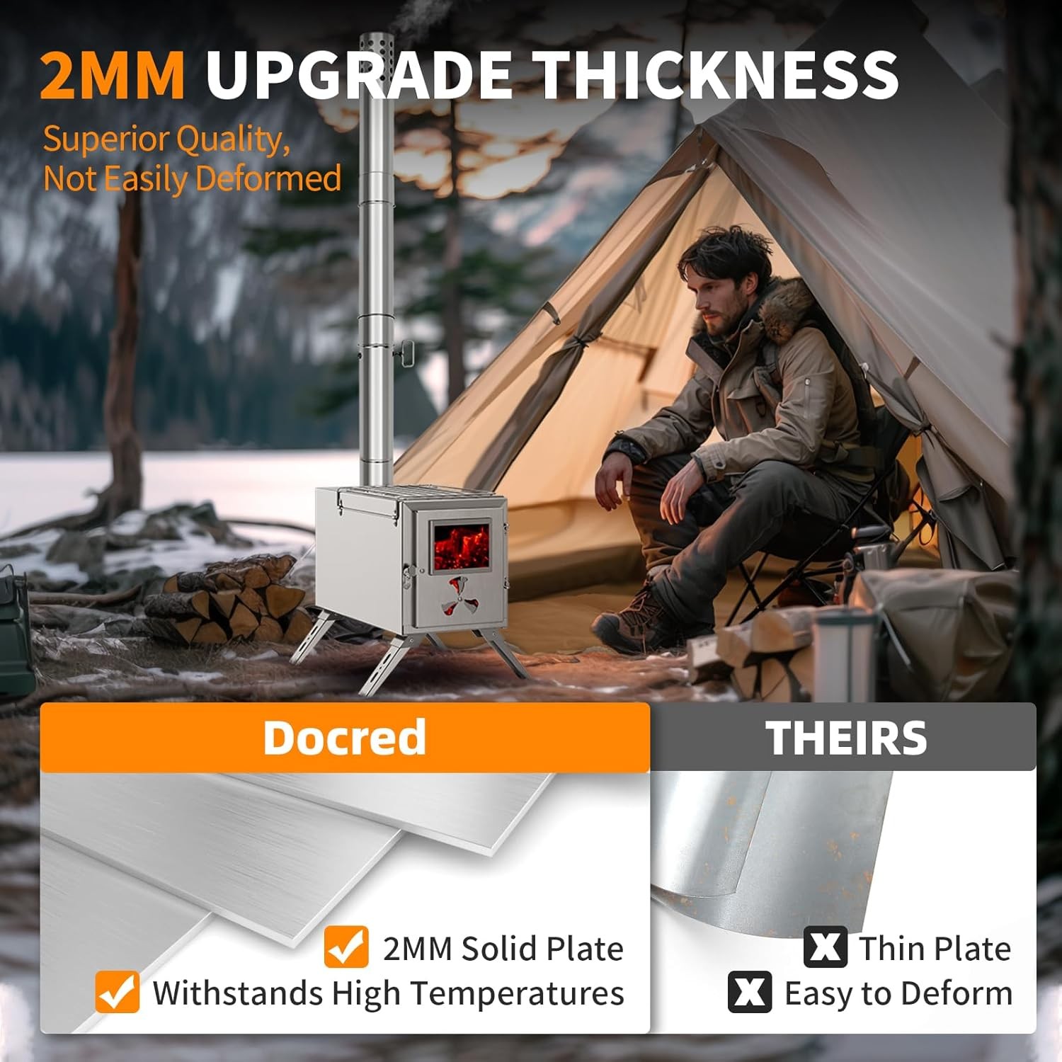 NAIZEA Folding Hot Tent Stove with 7 Section Chimney Pipes for HikingBackpacking