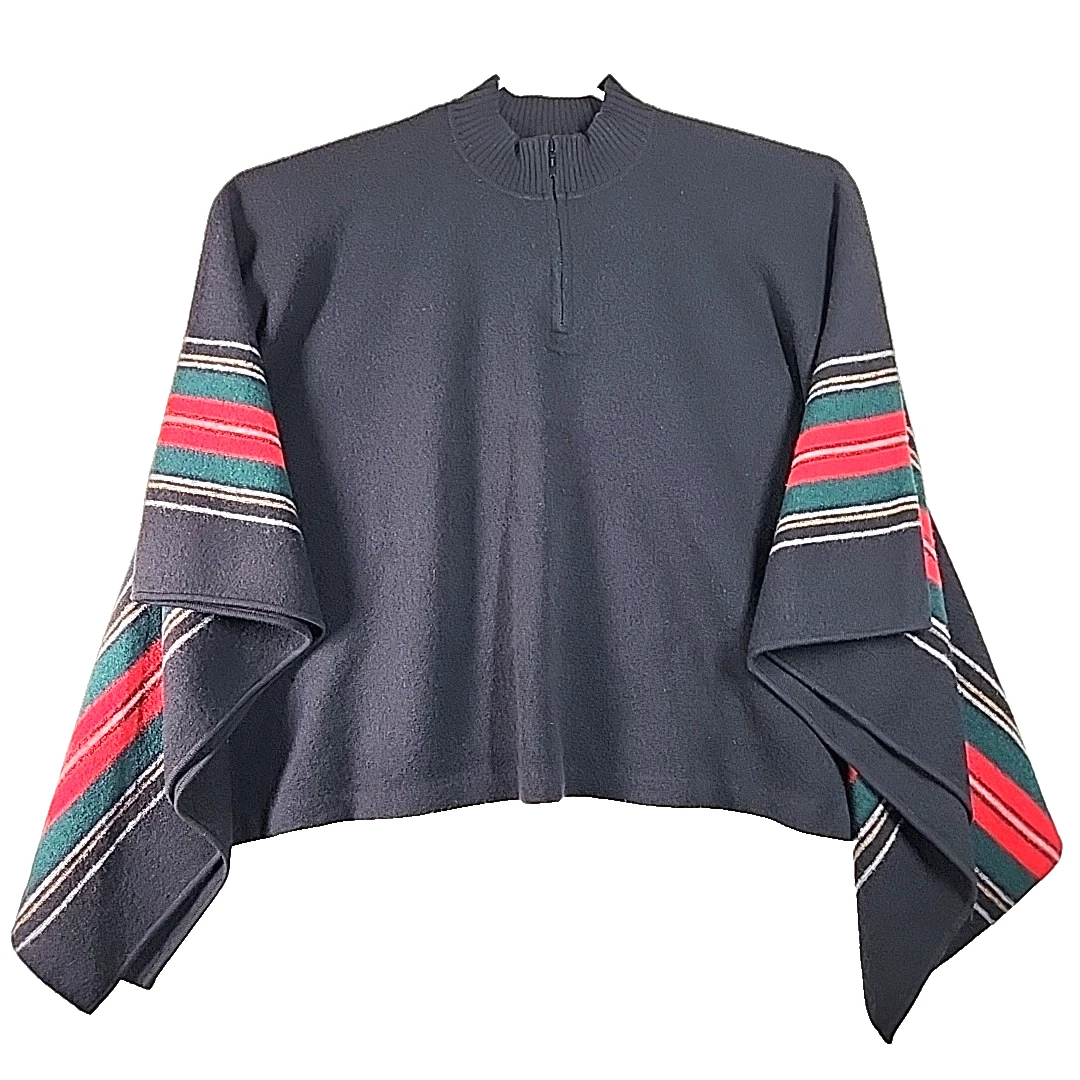 Vtg Pendleton 100% Merino Wool Poncho Cape O/S Black Red Green 1/4 Zip Hong Kong