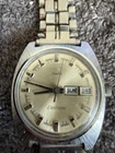 Vintage Timex Electric Day-Date Watch Men's Gold Dial Silver Tone Bracelet Runs