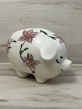 VTG 1969 Piggy Bank Pig Hand Painted Pink Flowers w/ Coins No Stopper Hole