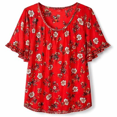Max Studio London Red Floral Flutter Sleeve Scoop Neck Blouse 2X 4W03D79