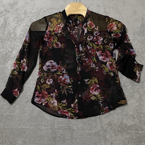 Kut from the Kloth Blouse Small Black Floral Sheer Button Up Jasmine Blouse - Picture 1 of 7
