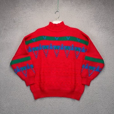 ESPRIT SPORT Sweater Womens Medium Red Geometric Striped Wool Mock Neck Vintage