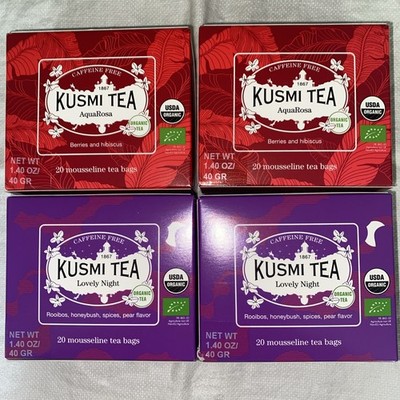 4 Pack Kusmi Tea Aqua Rosa & Lovely Night Herbal Organic 80 Muslin Bags