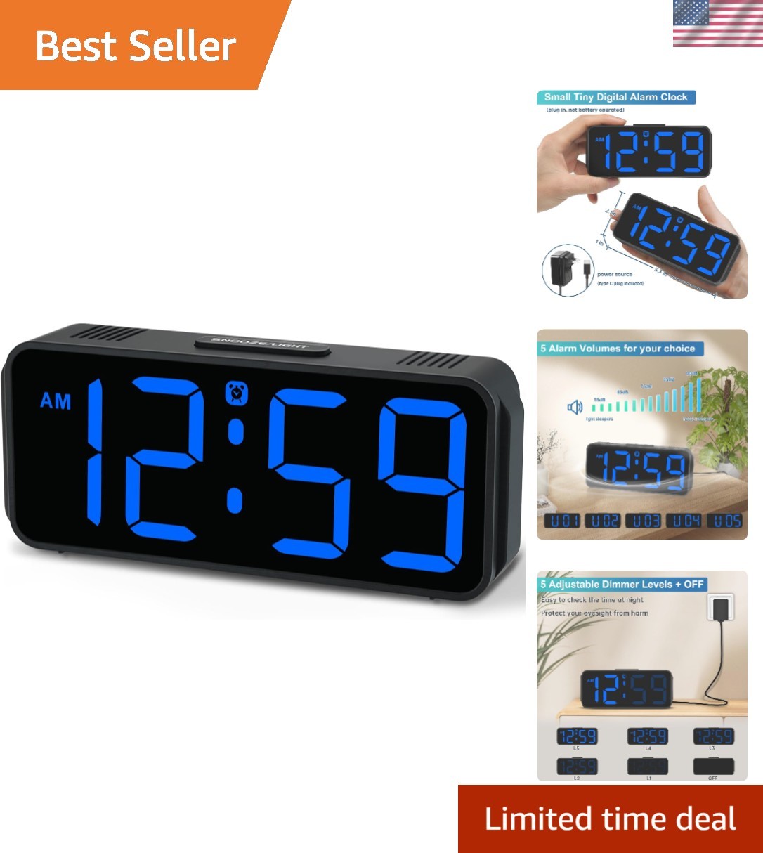 Modern Small Bedside Clock: Big Numbers, 6 Brightness Levels