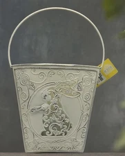 Tin Metal Bunny Wall Pocket Bucket Planter Painted Distressed Cream Boyds Farm