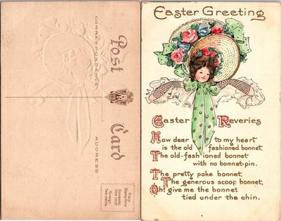 Vintage Easter Postcard Embossed Bonnet Hat Illustration Easter Reveries Poem