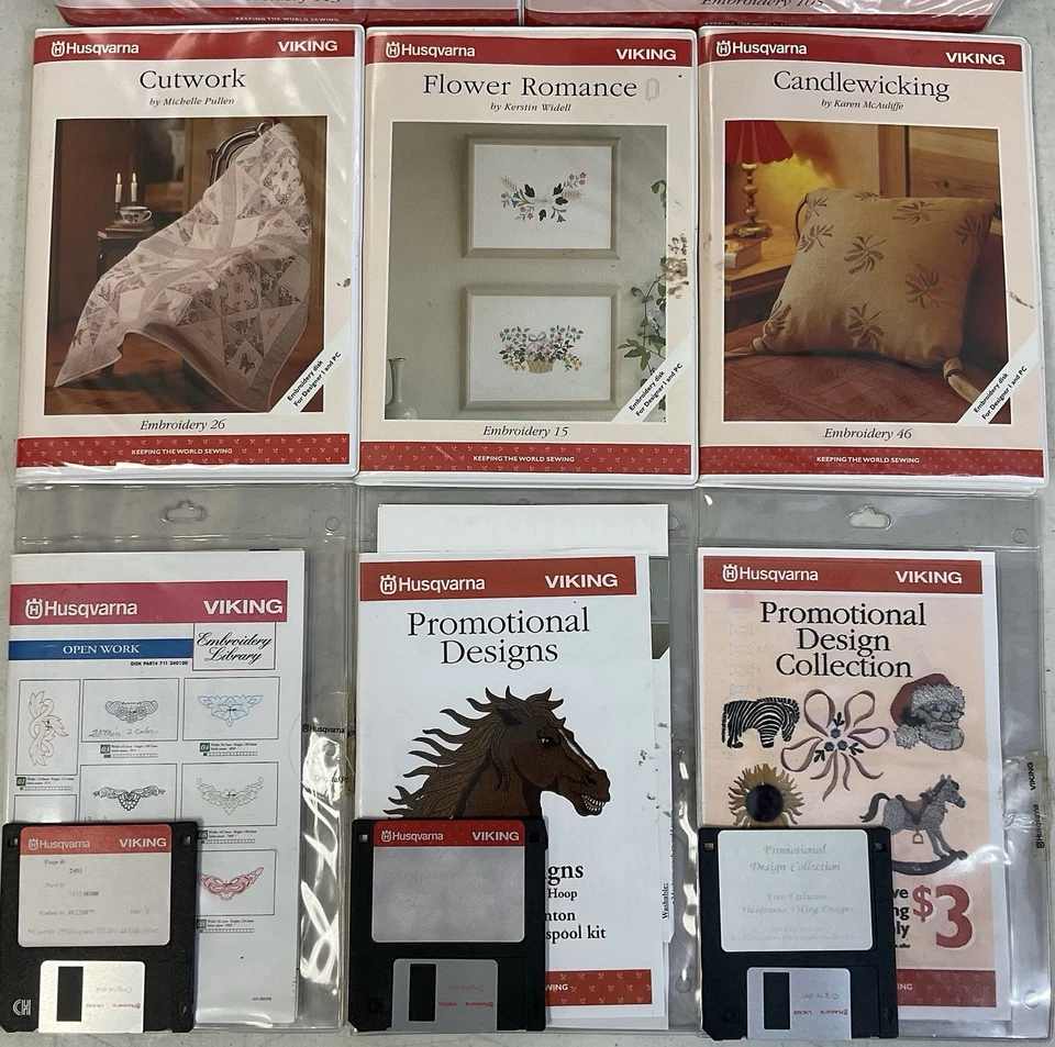Lote de 8 discos y juego de libros de diseño bordados Husqvarna Viking Foto 3 de 4