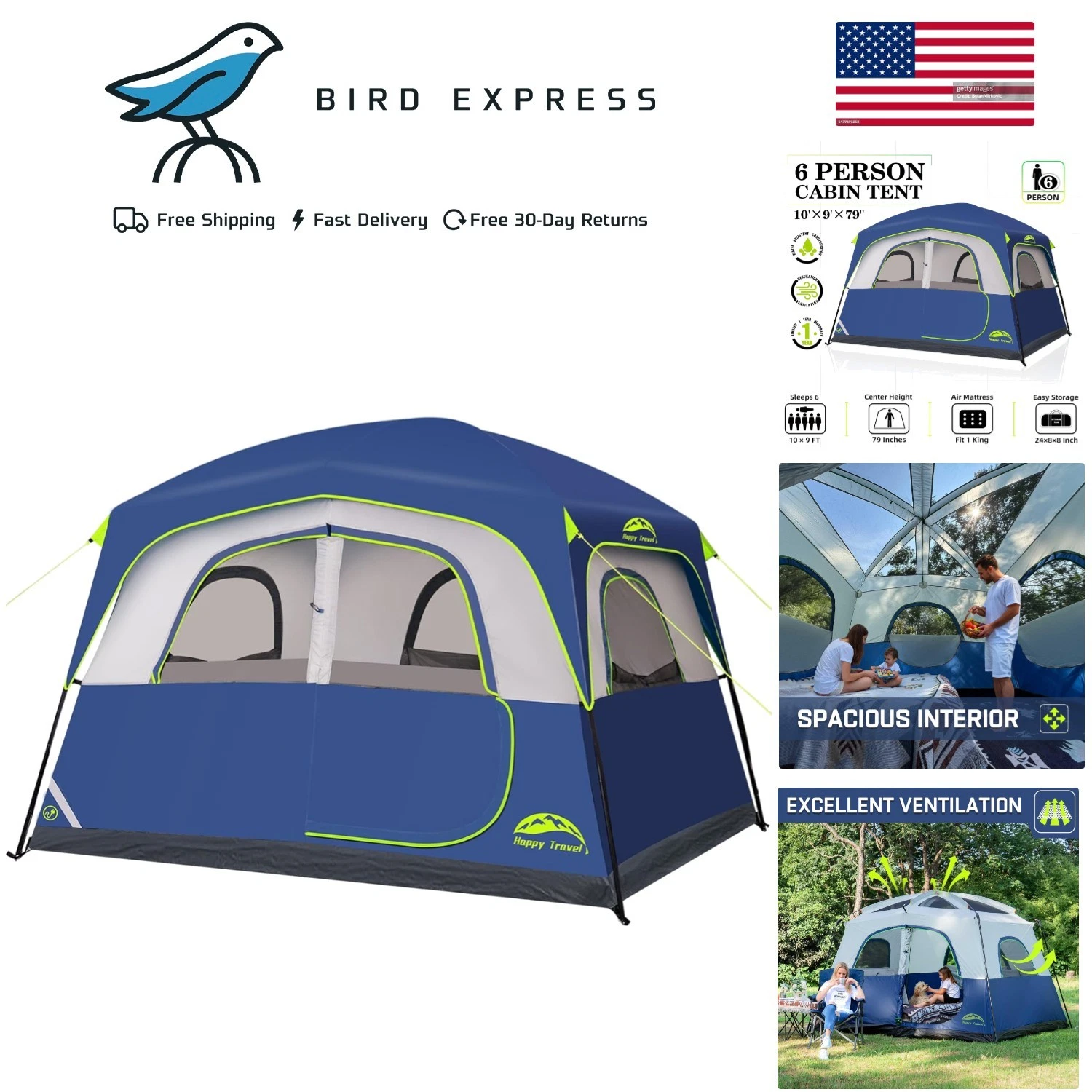 6 Person Waterproof Cabin Tent with Easy Setup, Large Mesh Windows, Rainfly