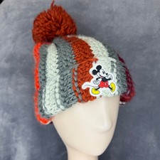 Disney Mickey Mouse Beanie Kids 2T-5T Orange Grey Striped Pom Pom Hat
