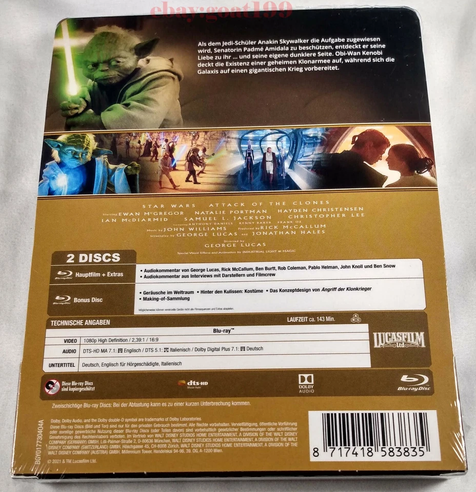 STAR WARS: ATTACK OF THE CLONES New Blu-ray STEELBOOK Episode II 2 GERMAN IMPORT - image 2 of 4