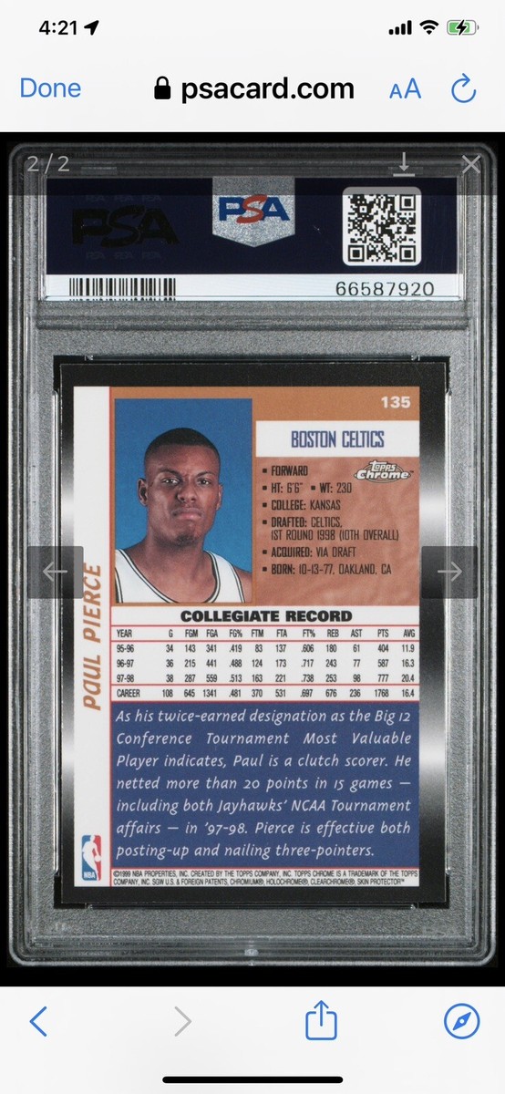 シングルカード Paul Pierce Topps Chrome RC 1998-99 Topps CHROME #135 PAUL PIERCE RC ROOKIE CARD PRO 9.5