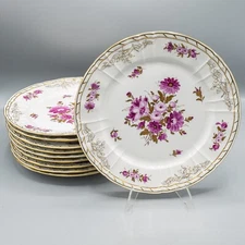 KPM Royal Berlin Dinner Plates Puce Purple Flowers Gold Set of 10 - 10 1/4"