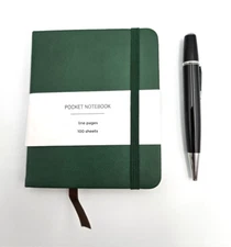 Pocket Notebook with Pen, 2 Bookmarks,  4.75" X 4", 100 pgs, Double-Sided, Green