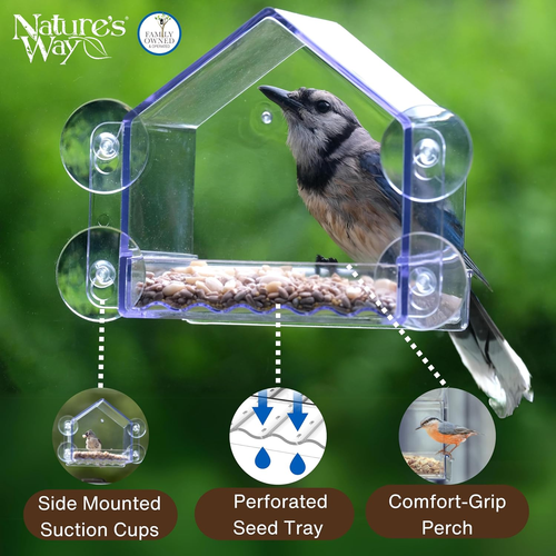 9" Clear View Window Bird Seed Feeder with Strong Suction Cups, Removable Tray