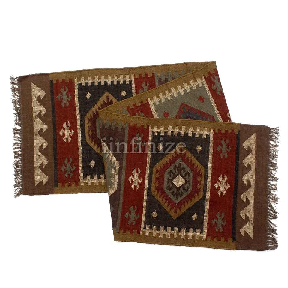 Rustic Handmade Wool Jute Rug Runner 30x96" Boho Reversible Kilim Stair Yoga Mat - Image 2 of 4