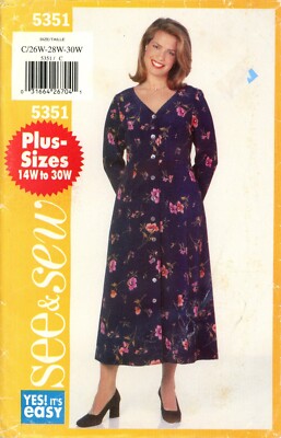 Butterick See & Sew 5351 Flared, Raised Waist Dress w Tie Ends PLUS 26W-30W UC