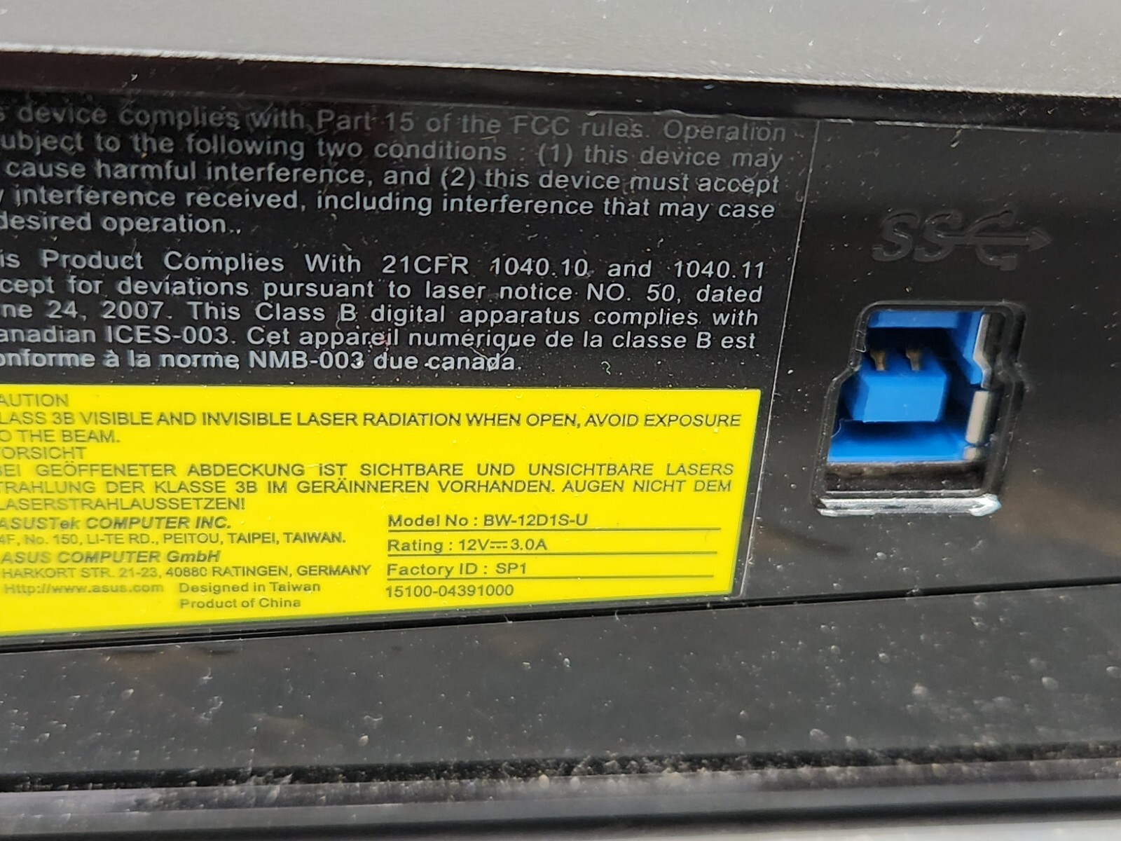 Asus External 12X BluRay Burner Writer BW12D1SU Ice On Fire Untested