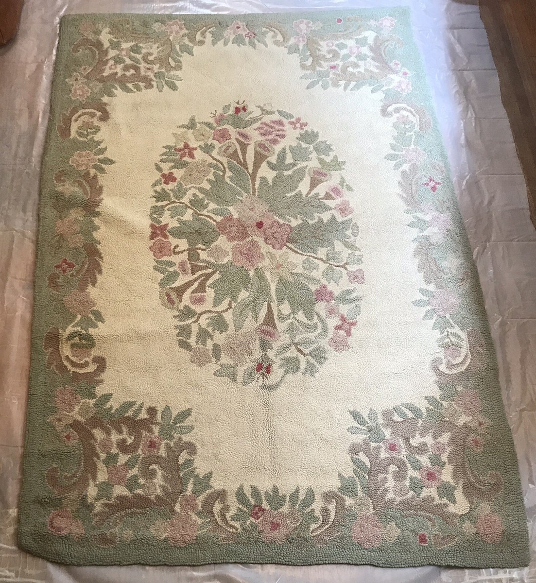 【Vintage】Hand Knit Rug 170×100 Vintage Occupied Japan Hand Woven Hooked Rug Floral Wool