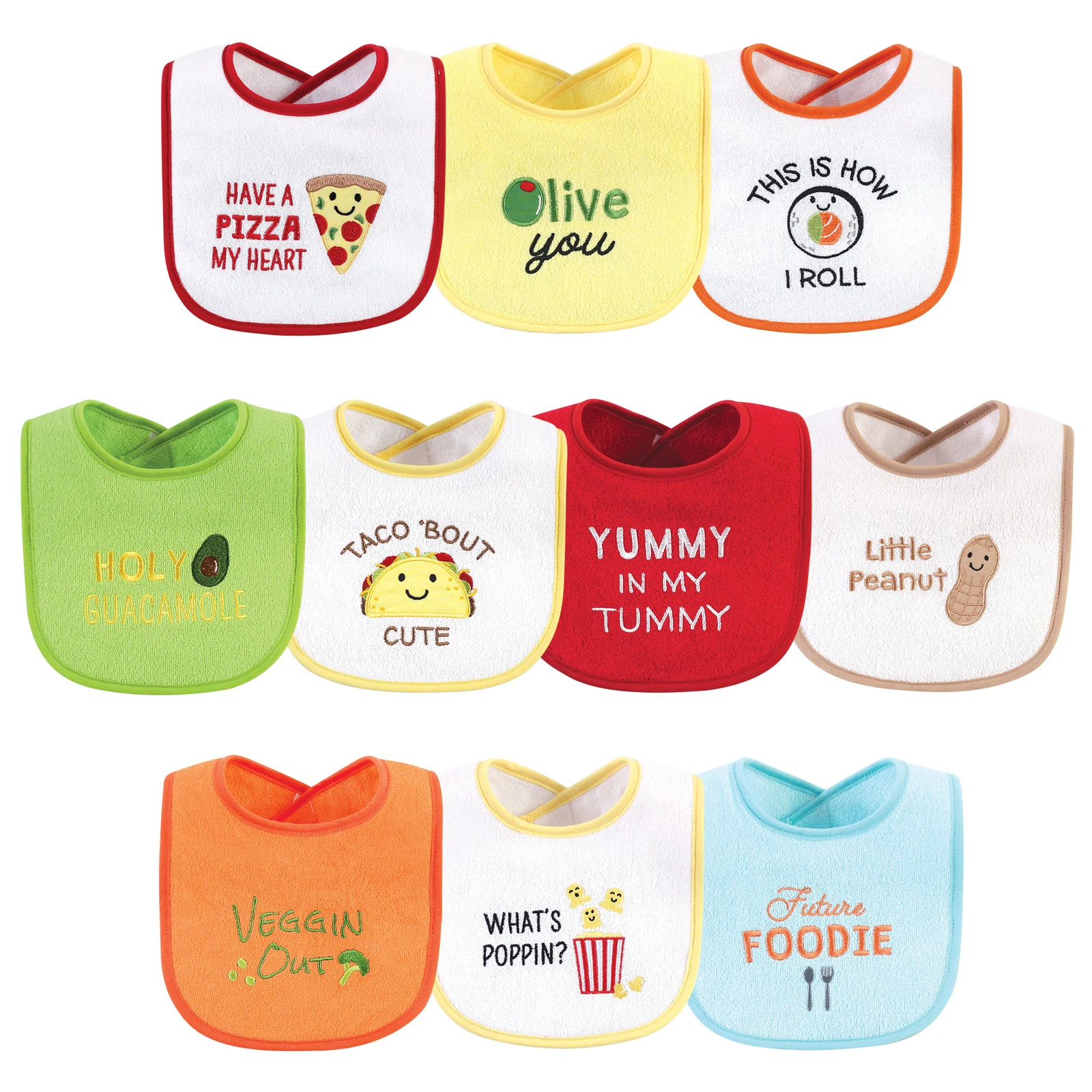 Hudson Baby Cotton Terry Drooler Bibs with Fiber Filling 10pk, Neutral Pizza