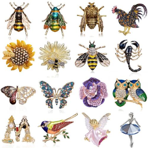 Crystal Brooch Pin Animal Plant Flower Daisy Insect Butterfly Frog Women Jewelry - Zdjęcie 1 z 161