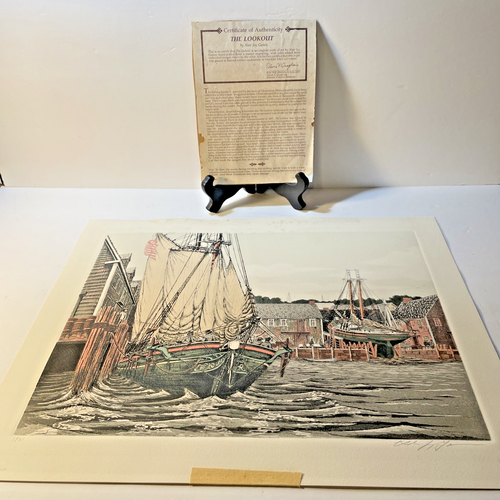 Alan Jay Gaines "The Lookout" acquaforte colorata con certificato di autenticità firmato 1981 Sailing Mass. - Foto 3 di 13