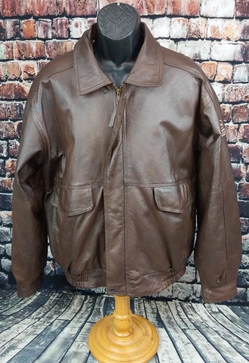 Vtg Brown Distressed Leather Burks Bay Bomber Map Liner Jacket Sz
