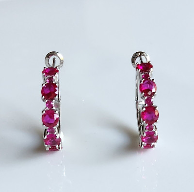 Genuine Ruby Hoop Earrings in Solid 925 Sterling Silver Omega Backs