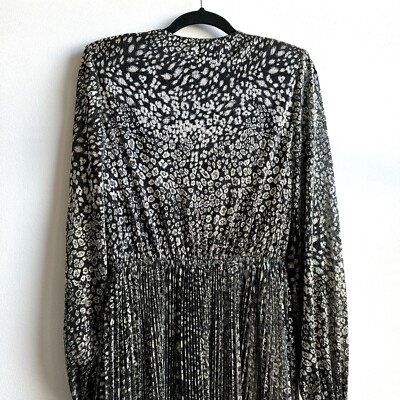 Rebecca Vallance Vienna Gold Metallic Leopard Pleated Midi Dress 6 V Neck |  eBay
