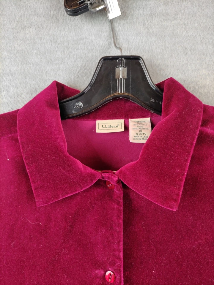 LL Bean Womens Shirt Extra Large Red Velvet Full Button Career Capsule Velour - Image 3 of 4