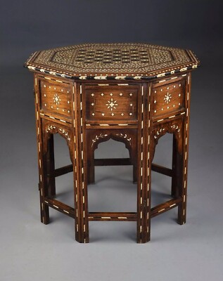 Wooden Coffee Table, Dining Table, Bone Inlaid Round Folding 1950s