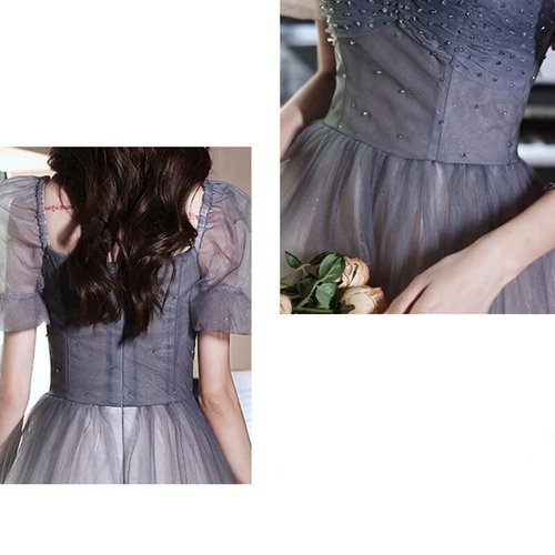Damen Farbverlauf Netz Kleid Perlen Dekor Puffärmel Abendkleid Prinzessin glänzend - Bild 9 von 13