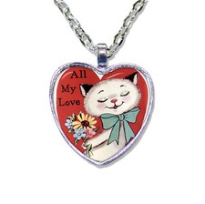 Retro Cat with Flowers Valentine's Handmade HEART-shaped Glass Pendant Necklace