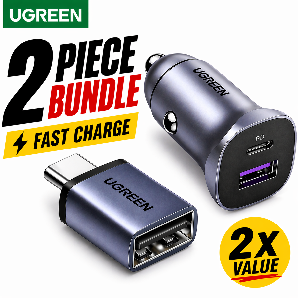 UGREEN 30W USB-C Car Charger Fast Charge Dual Port + USB-C to USB-A Adapter  Bund