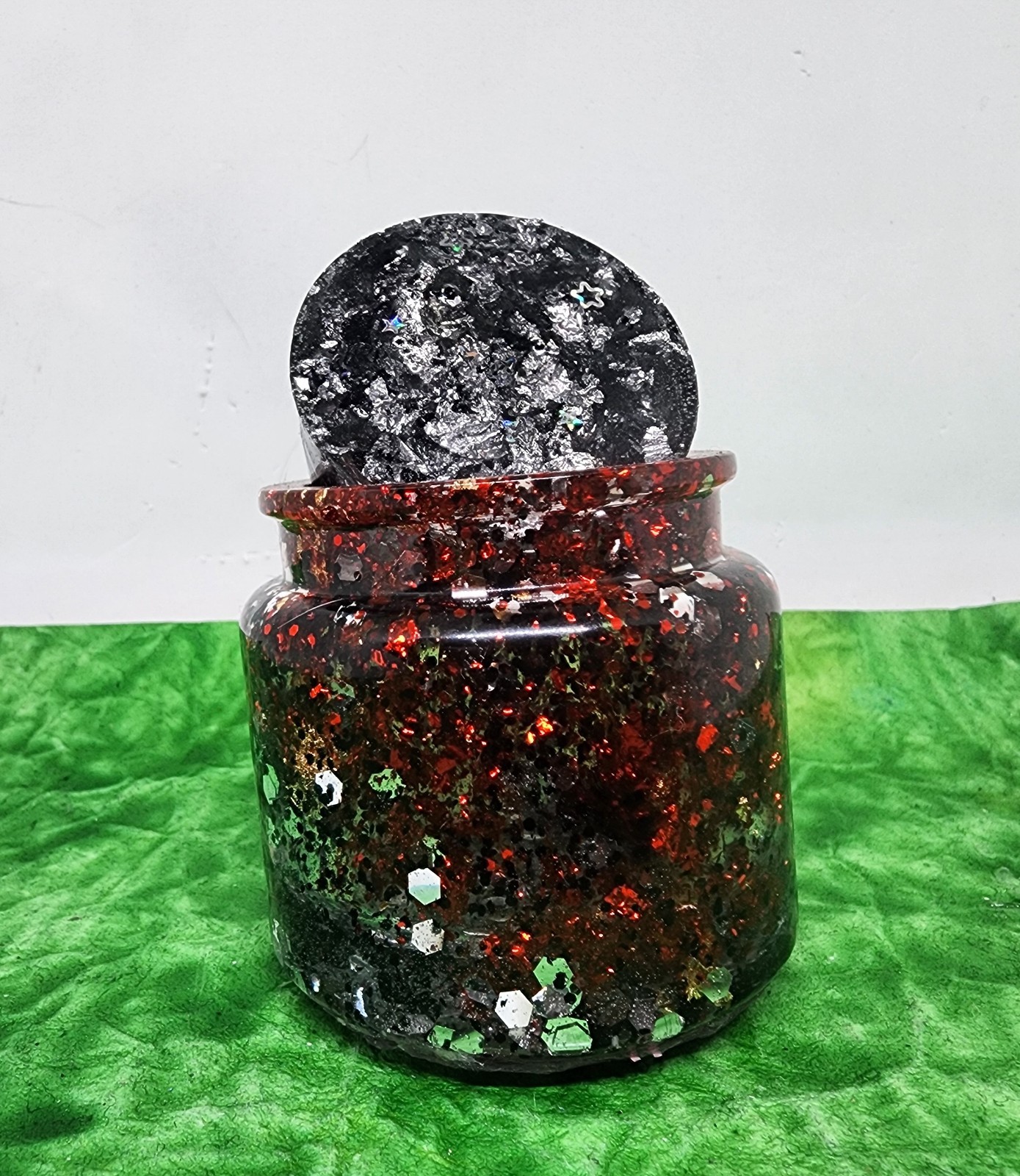 Valentinas Resin Stash Jar with Lid - Red, Black & Gold Glitter Celestial Decor