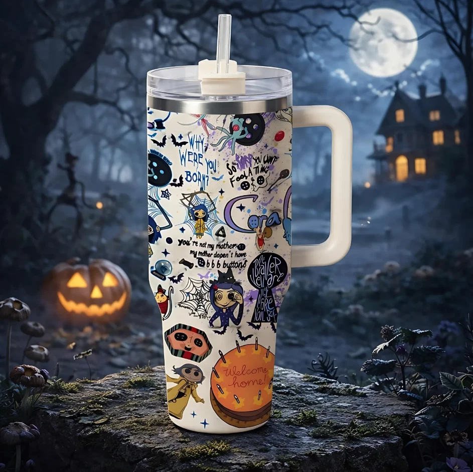 Coraline Durable Insulated Tumbler 40oz with Handle and Lid, Spooky Cat Pattern
