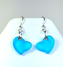 BLUE HEARTS puffed Cultured Sea glass Beach Glass Handmade custom earrings
