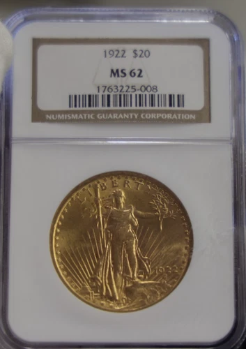 1922 US $20 Saint Gaudens Double Eagle Gold Piece NGC MS62