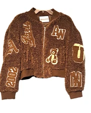 Azalea Wang Womens Bomber Jacket M Brown Teddy Paris Faux Shearling Varsity 