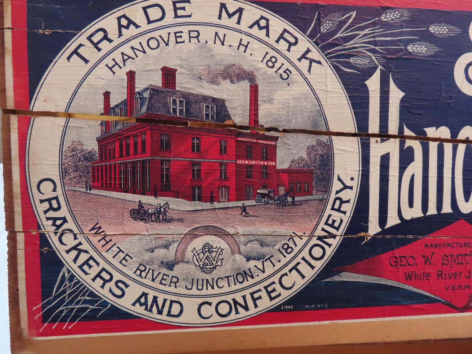 Antique Wood Crate Smith's Hanover Crackers Confectionery Soda Box w/ Lid~VT