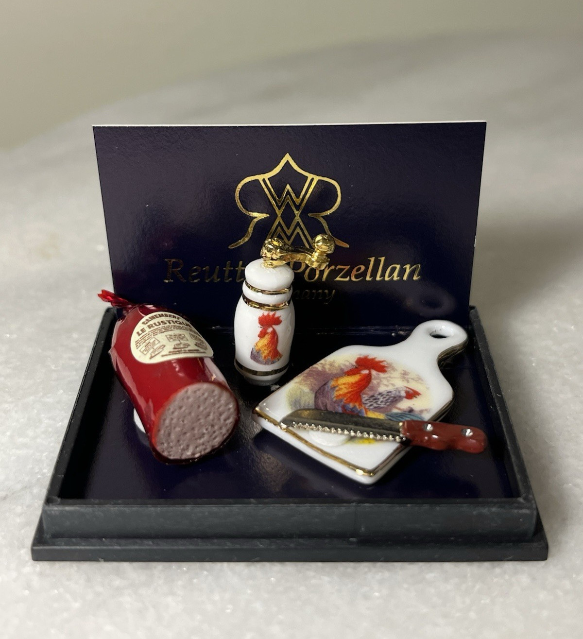 Reutter Porzellan Germany Dollhouse Miniature Rooster Cutting Board & Ham Set