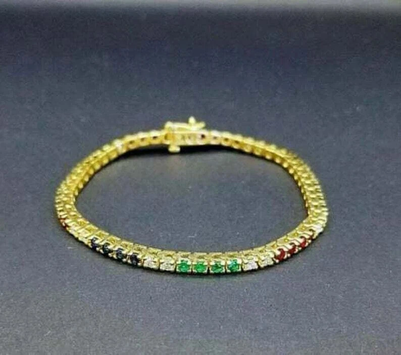 10Ct Round Lab Created Ruby Emerald Sapphire Bracelet 925 Silver Gold Plated - Image 2 of 4