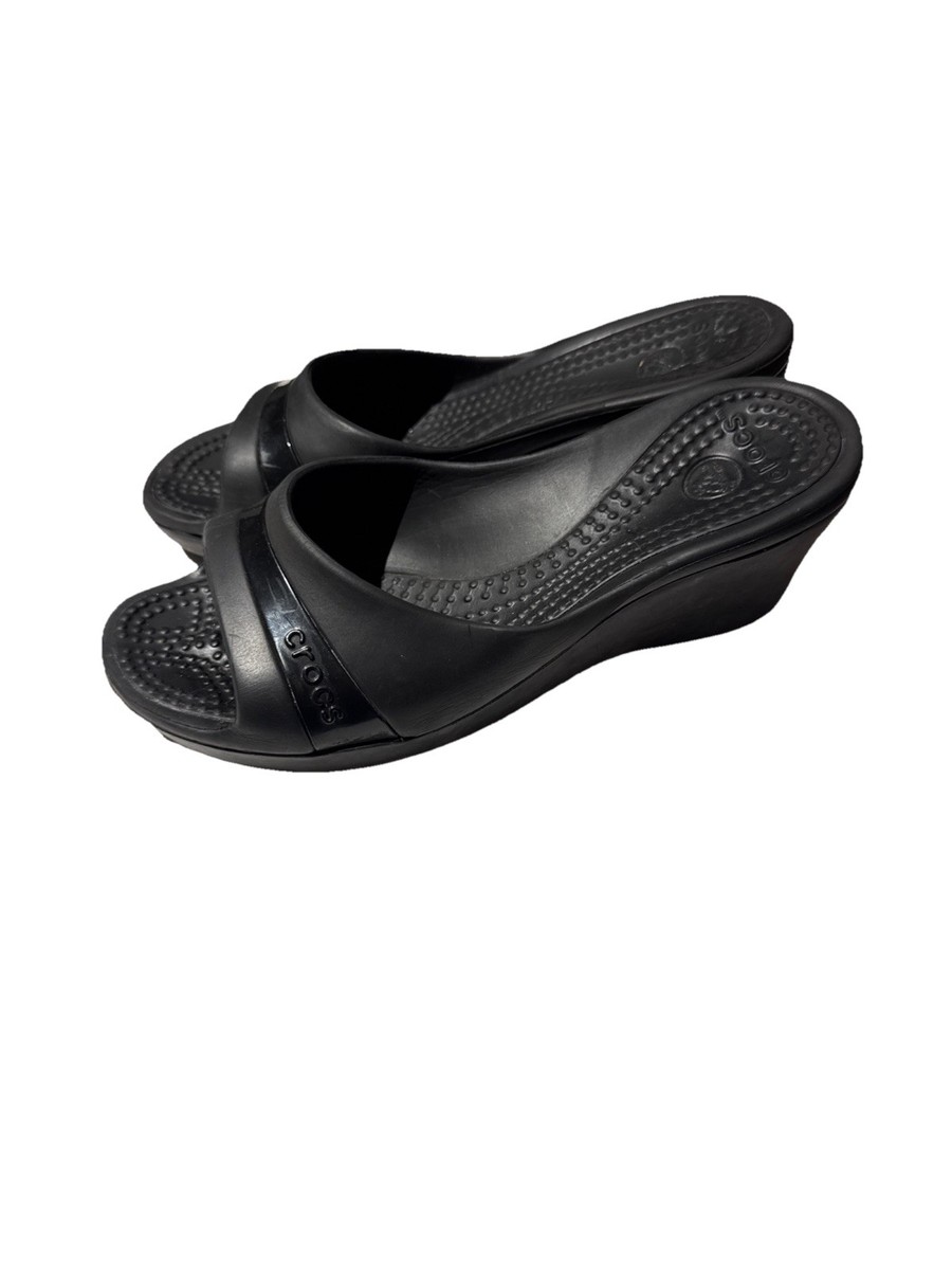 crocs / sassari  W7 (23cm)　white/silver CROCS Women 7 Sassari Comfort Slip On Slide White Black Wedge