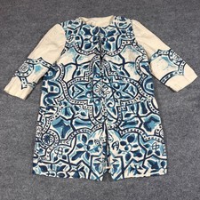 Chico's Womens 2 L Tile Print 100 Linen Longline Jacket Blue White Costal EUC