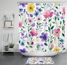 Retro Botanical Pink Watercolor Wildflower Shower Curtain Set for Bathroom Decor